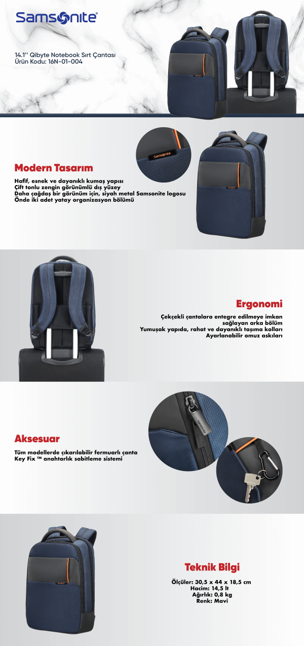 Samsonite 16N-01-004 14.1 Qibyte Notebook Çantası Mavi - Görsel 2