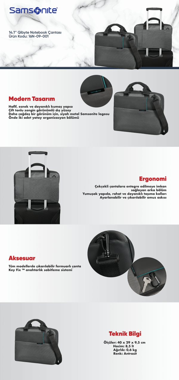 Samsonite 16N-09-001 14.1 Qibyte Notebook Çantası Antrasit - Görsel 2
