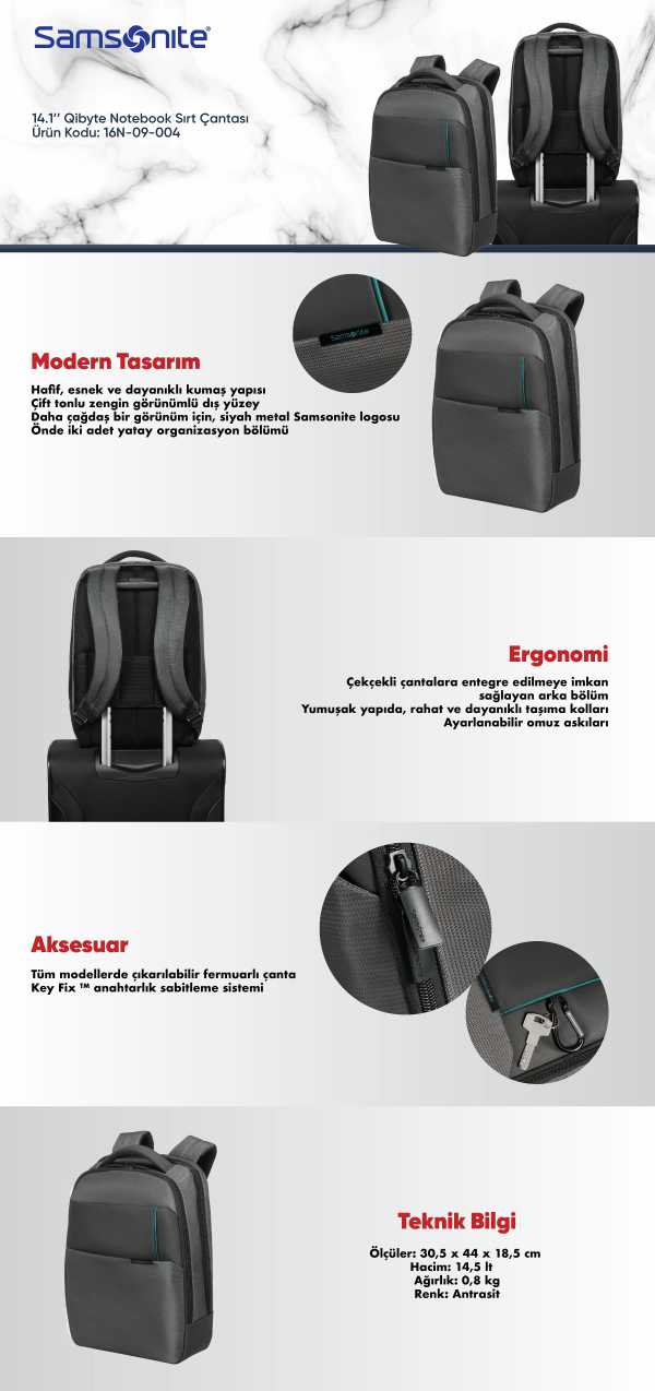 Samsonite 16N-09-004 14.1 Qibyte Notebook Çantası Antrasit - Görsel 2