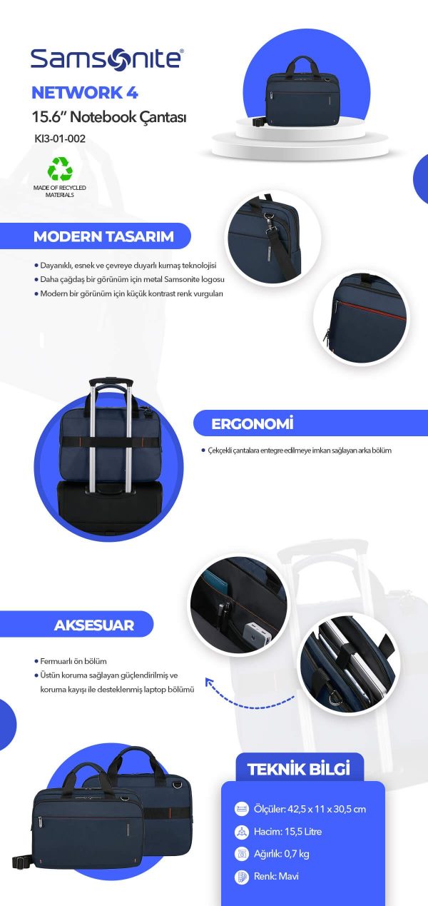 Samsonite KI3-01-002 15.6 Network 4 Notebook Çantası Mavi - Görsel 11